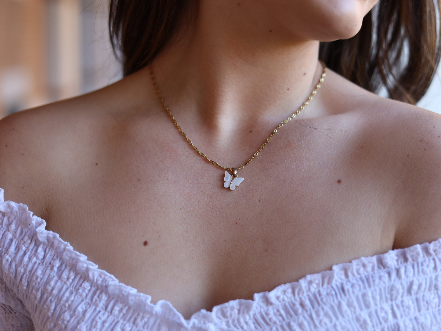 18K Gold Filled White Butterfly Earring and Necklace of Jewelry Set