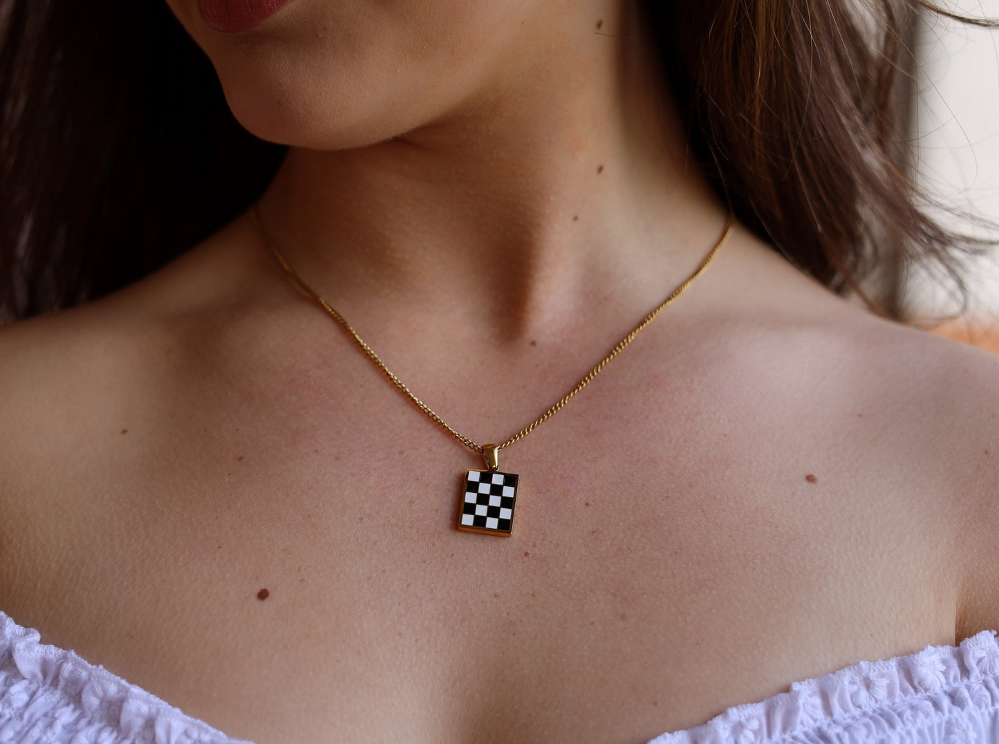 18K Gold Filled Black& White Chessboard Necklace