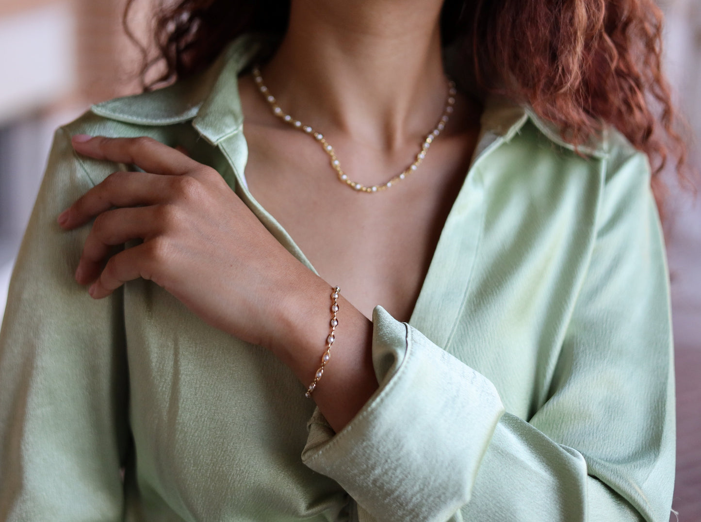 18K Gold Filled Pearl Bead Bracelet and Necklace of Jewelry Set