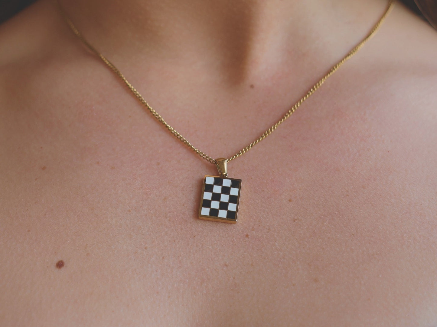 18K Gold Filled Black& White Chessboard Necklace
