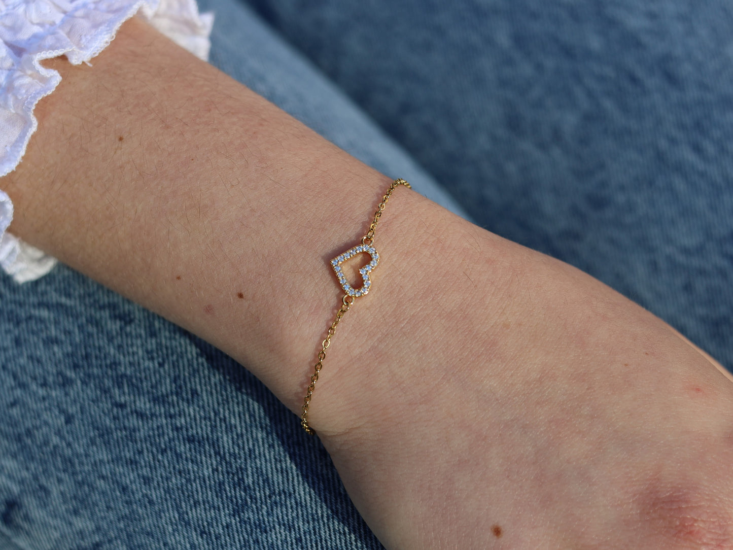 18K Gold Filled, Cubic Zirconia Heart Bracelet in Adjustable Size