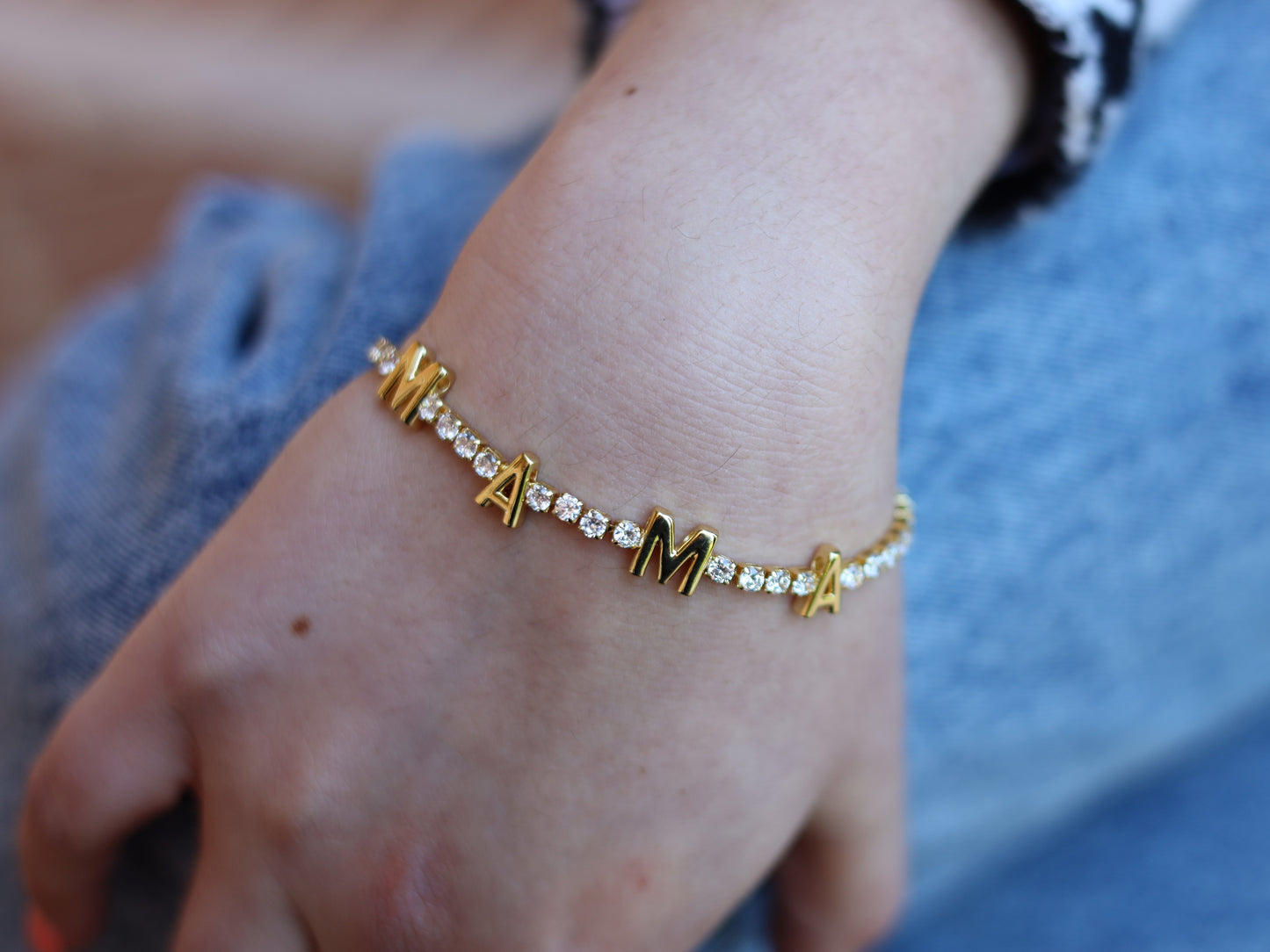 18K Gold Filled and Cubic Zirconia Bead MAMA Letters Bracelet
