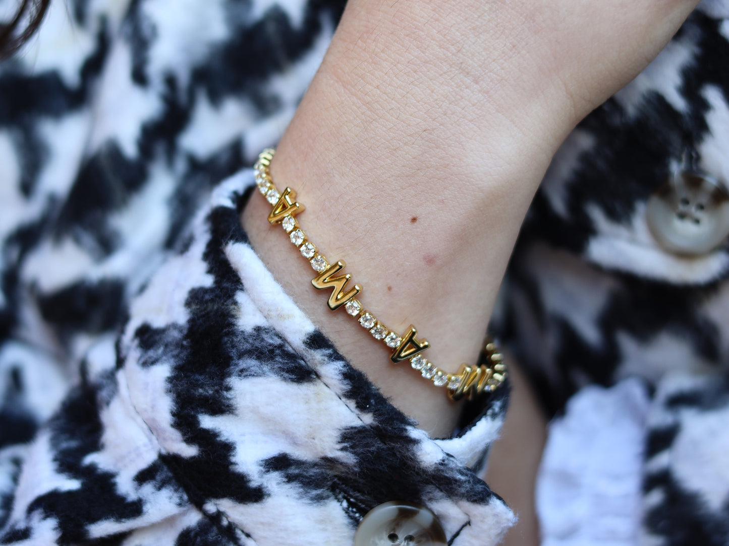 18K Gold Filled, Cubic Zirconia Beaded MAMA Bracelet in Adjustable Size