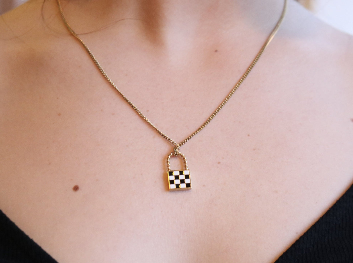 18K Gold Filled Chessboard Padlock Necklace