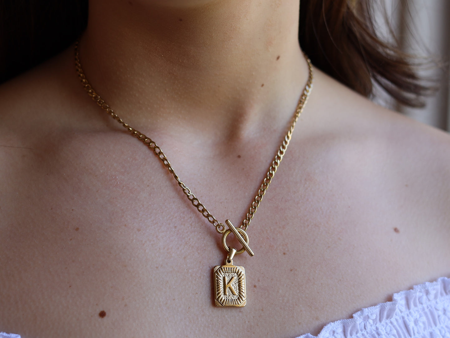 18K Gold Filled Toggle Clasp Curb Chain Initial Necklace