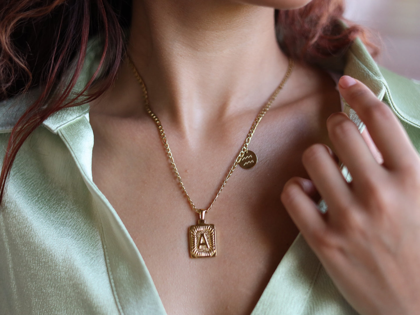 18K Gold Filled Figaro Chain Pearl& Medal Initial Necklace