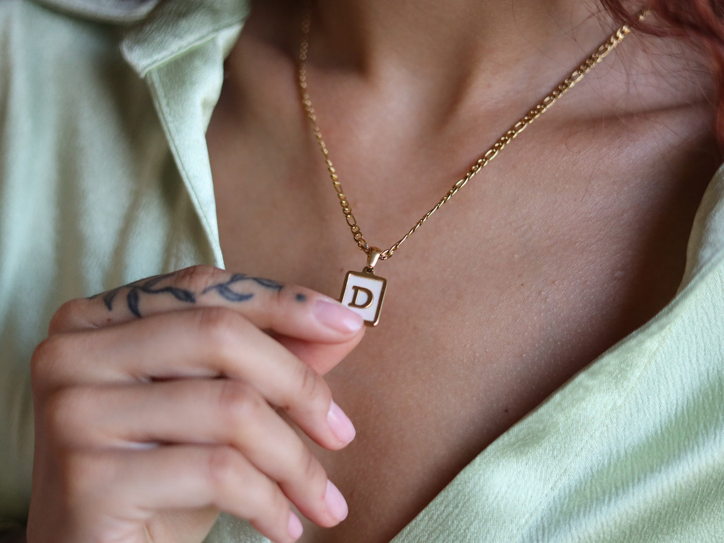 18K Gold Filled Figaro Chain Pearl& Medal Initial Necklace