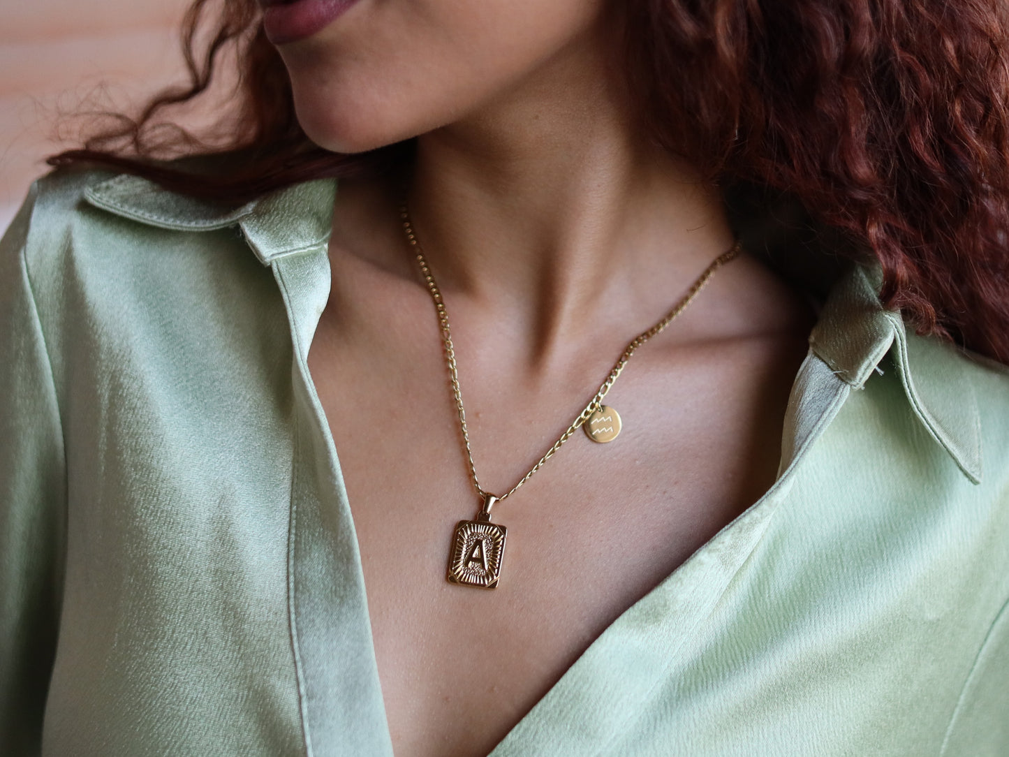 18K Gold Filled Figaro Chain Pearl& Medal Initial Necklace