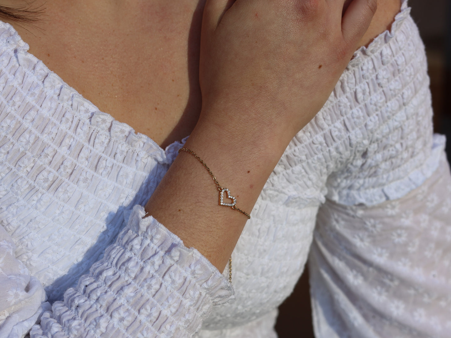18K Gold Filled, Cubic Zirconia Heart Bracelet in Adjustable Size