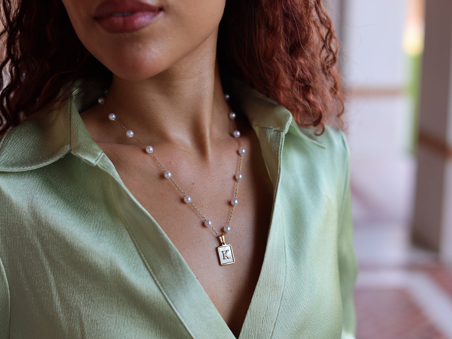 18K Gold Filled Pearl Bead Chain Pearl& Medal Initial Necklace
