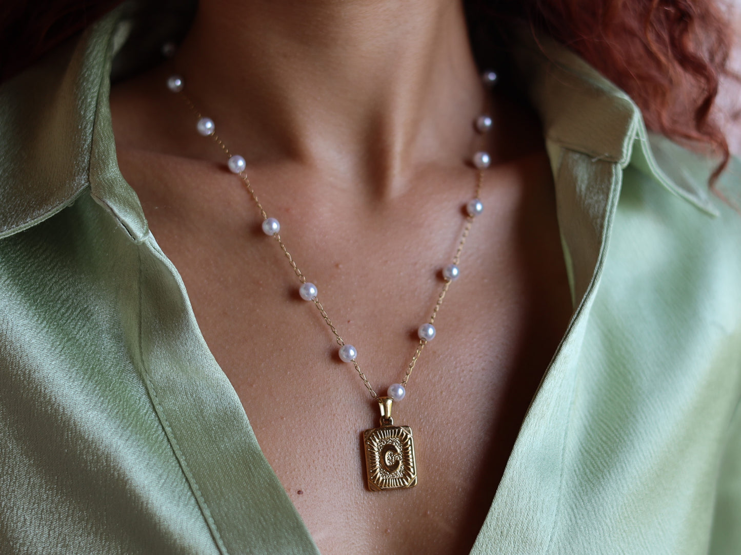 18K Gold Filled Pearl Bead Chain Pearl& Medal Initial Necklace