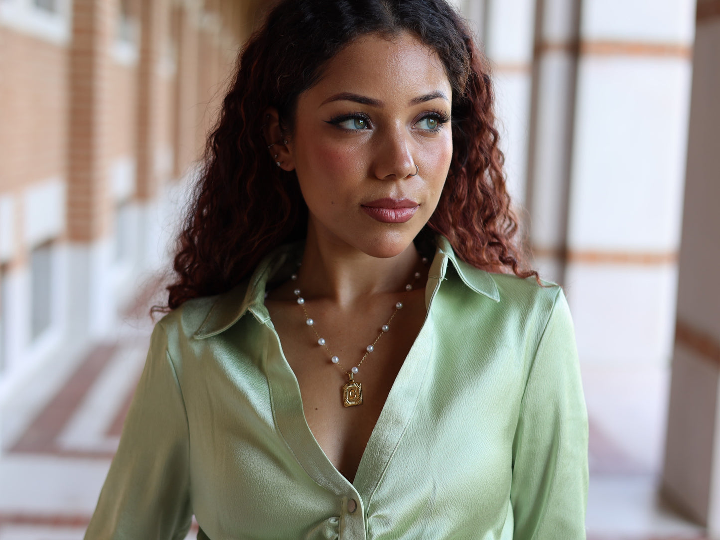 18K Gold Filled Pearl Bead Chain Pearl& Medal Initial Necklace