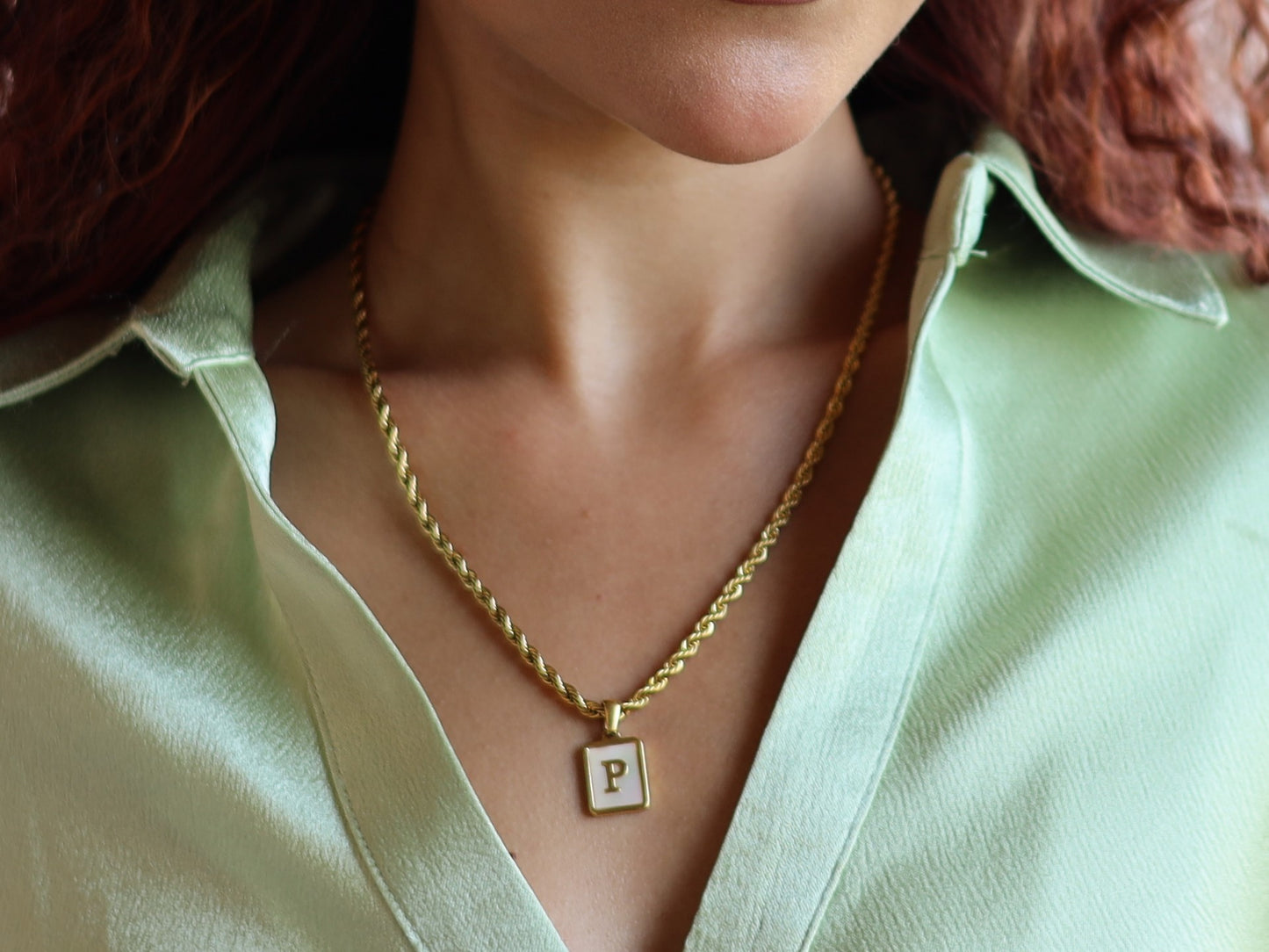 18K Gold Filled Rope Chain Pearl& Medal Initial Necklace