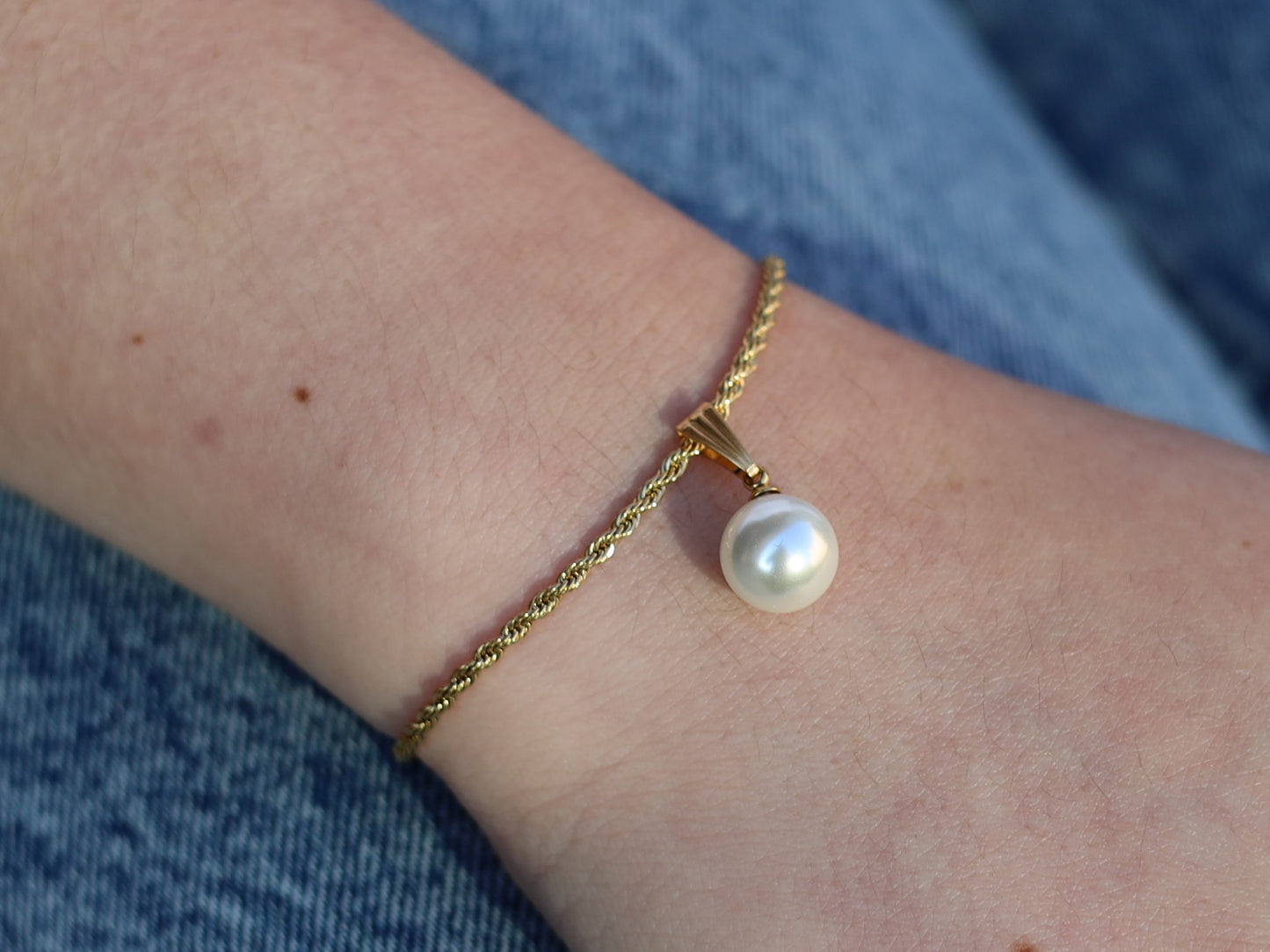 18K Gold Filled Rope Bracelet with Pearl Bead in Adjustable Size