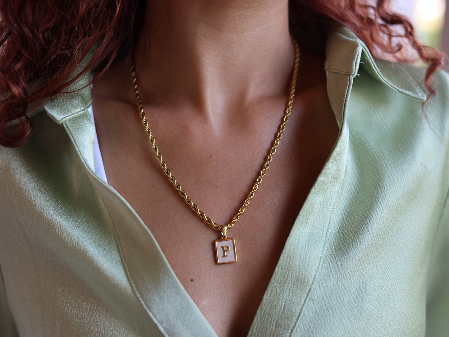 18K Gold Filled Rope Chain Pearl& Medal Initial Necklace