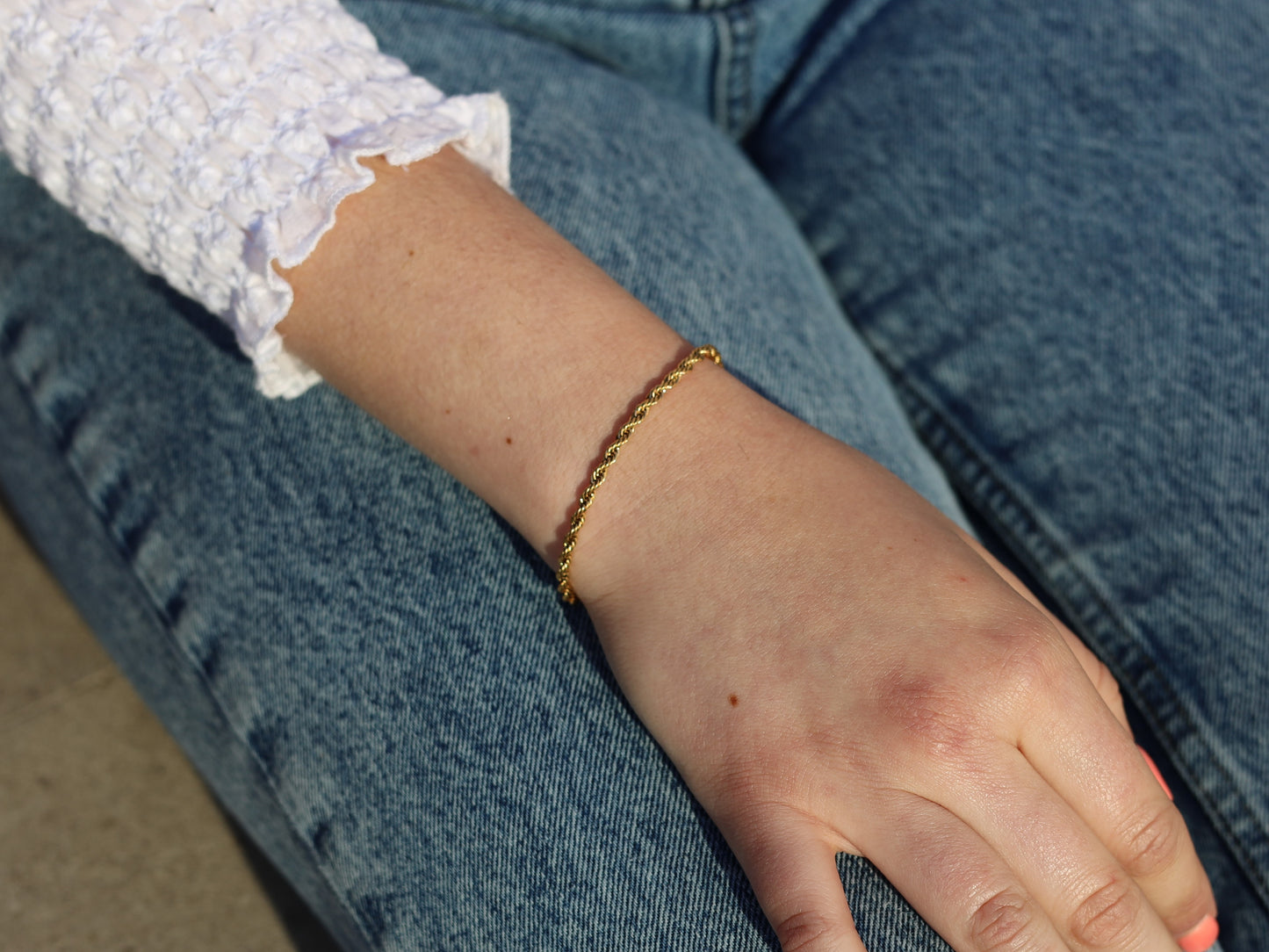 18K Gold Filled Rope Bracelet with Pearl Bead in Adjustable Size