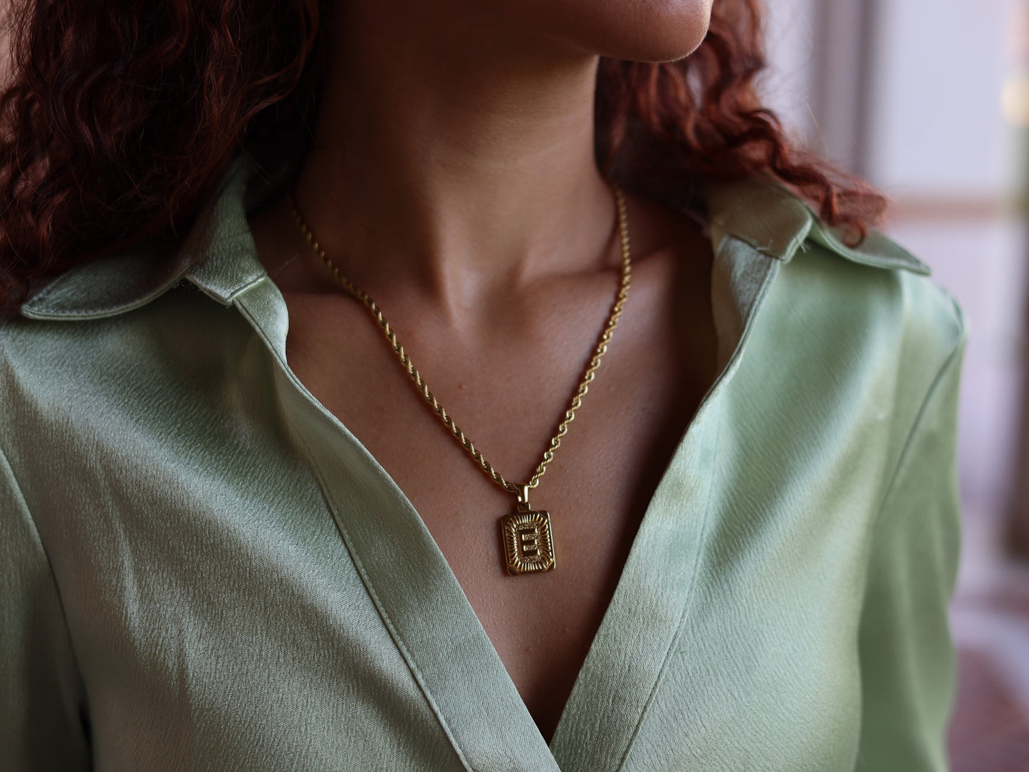 18K Gold Filled Rope Chain Pearl& Medal Initial Necklace