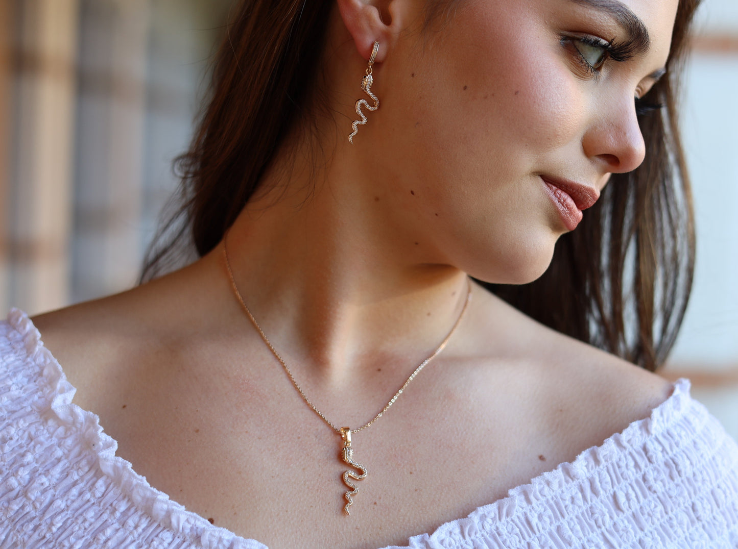18K Gold Filled Snake Earring and Necklace of Jewelry Set