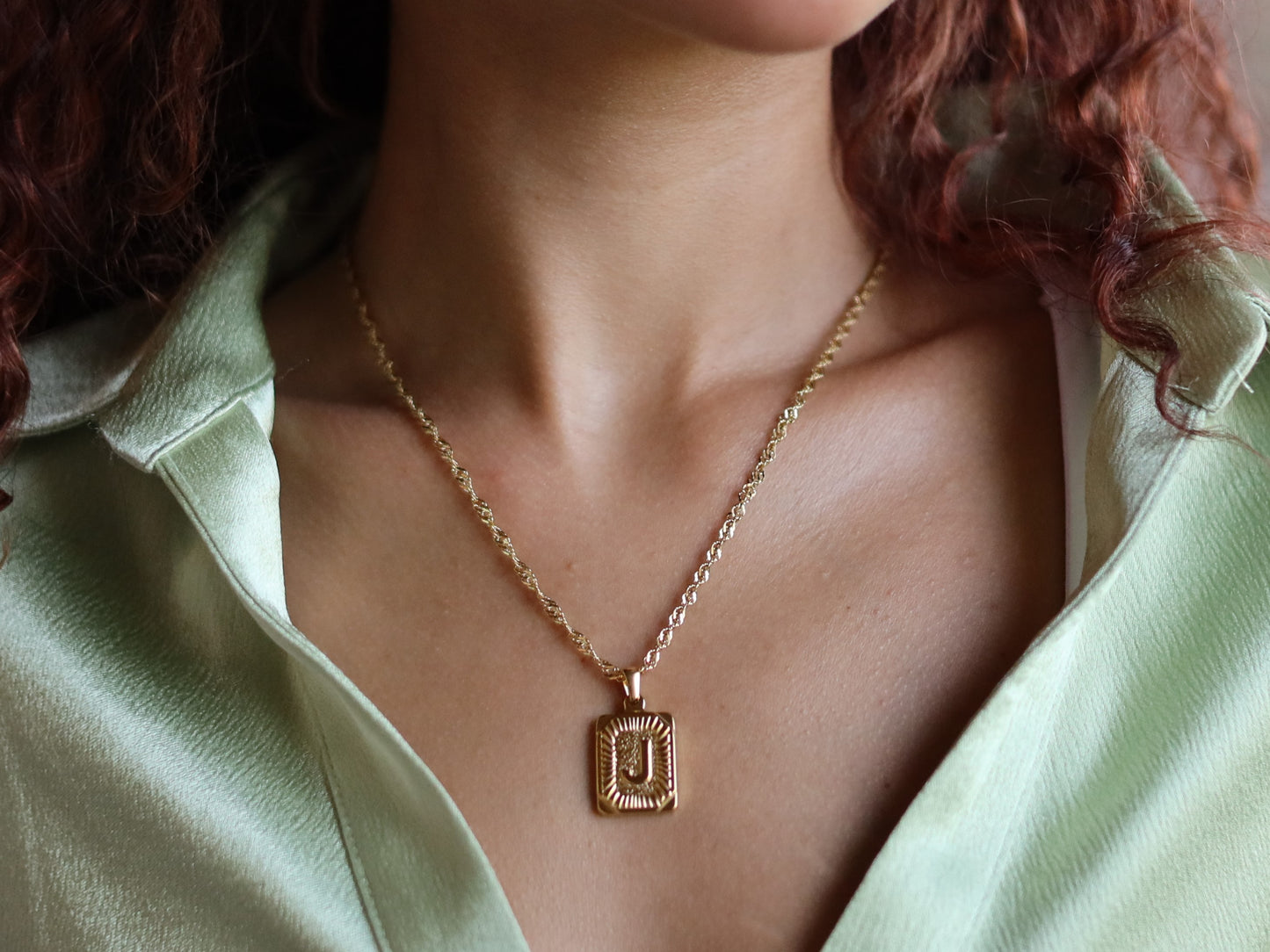 18K Gold Filled Twist Chain Pearl& Medal Initial Necklace
