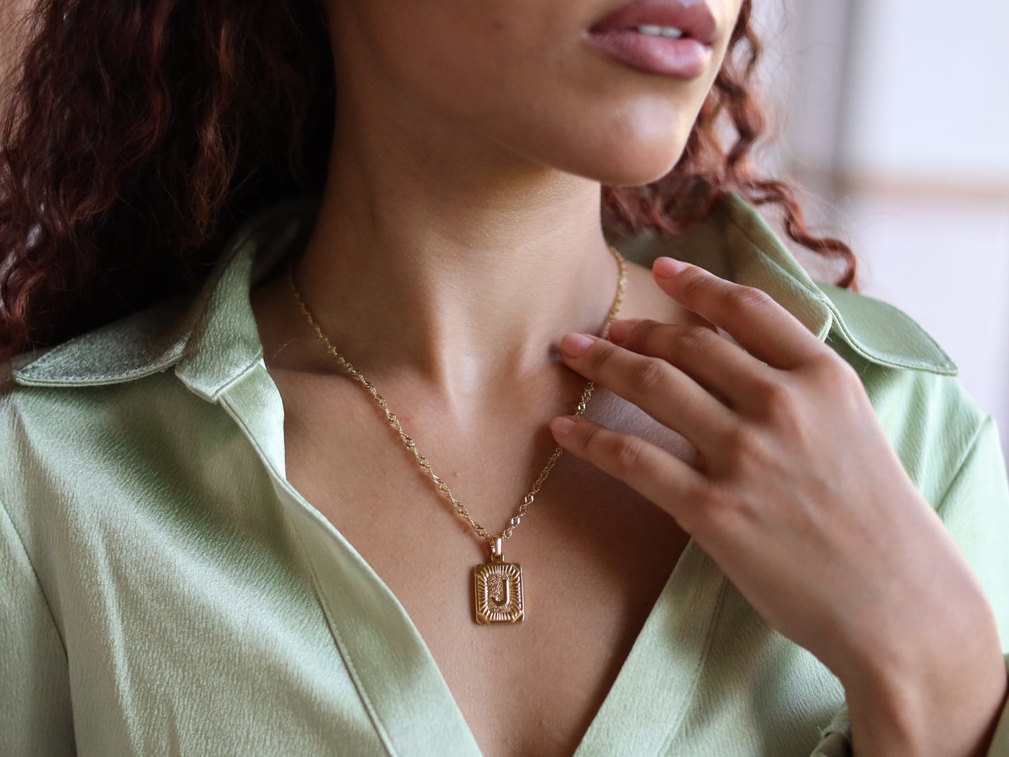 18K Gold Filled Twist Chain Pearl& Medal Initial Necklace