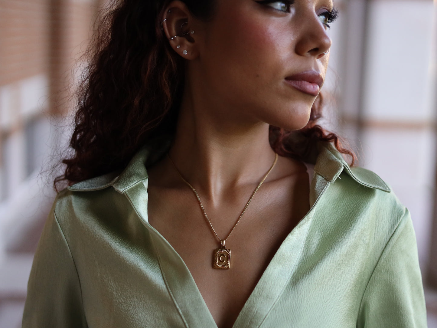 18K Gold Filled Vine Chain Pearl& Medal Initial Necklace