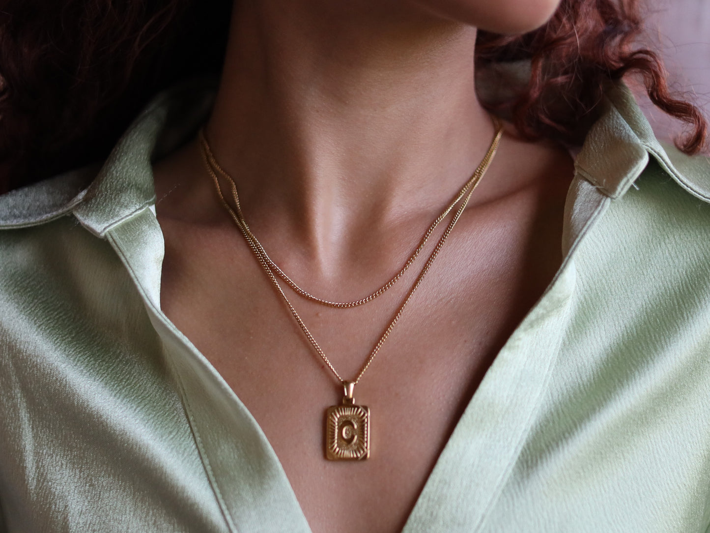 18K Gold Filled Vine Chain Pearl& Medal Initial Necklace
