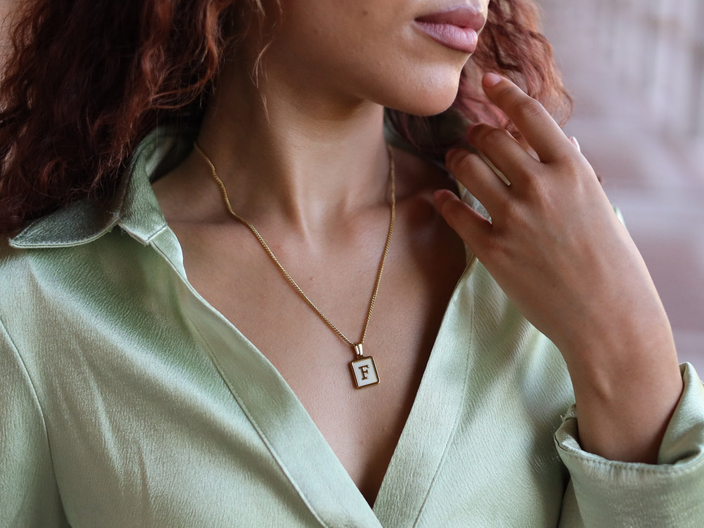 18K Gold Filled Vine Chain Pearl& Medal Initial Necklace