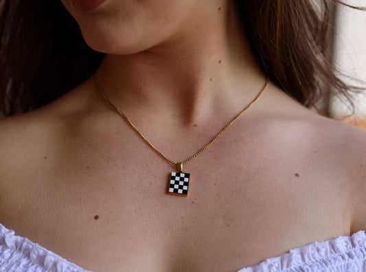 18K Gold Filled Black& White Chessboard Necklace