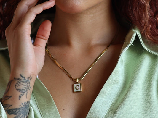18K Gold Filled Snake Chain Pearl& Medal Initial Necklace
