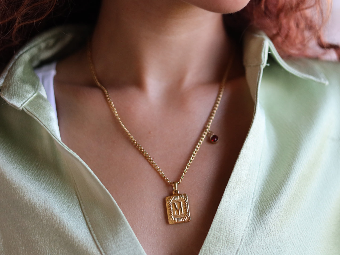 18K Gold Filled Curb Chain Pearl& Medal Initial Necklace