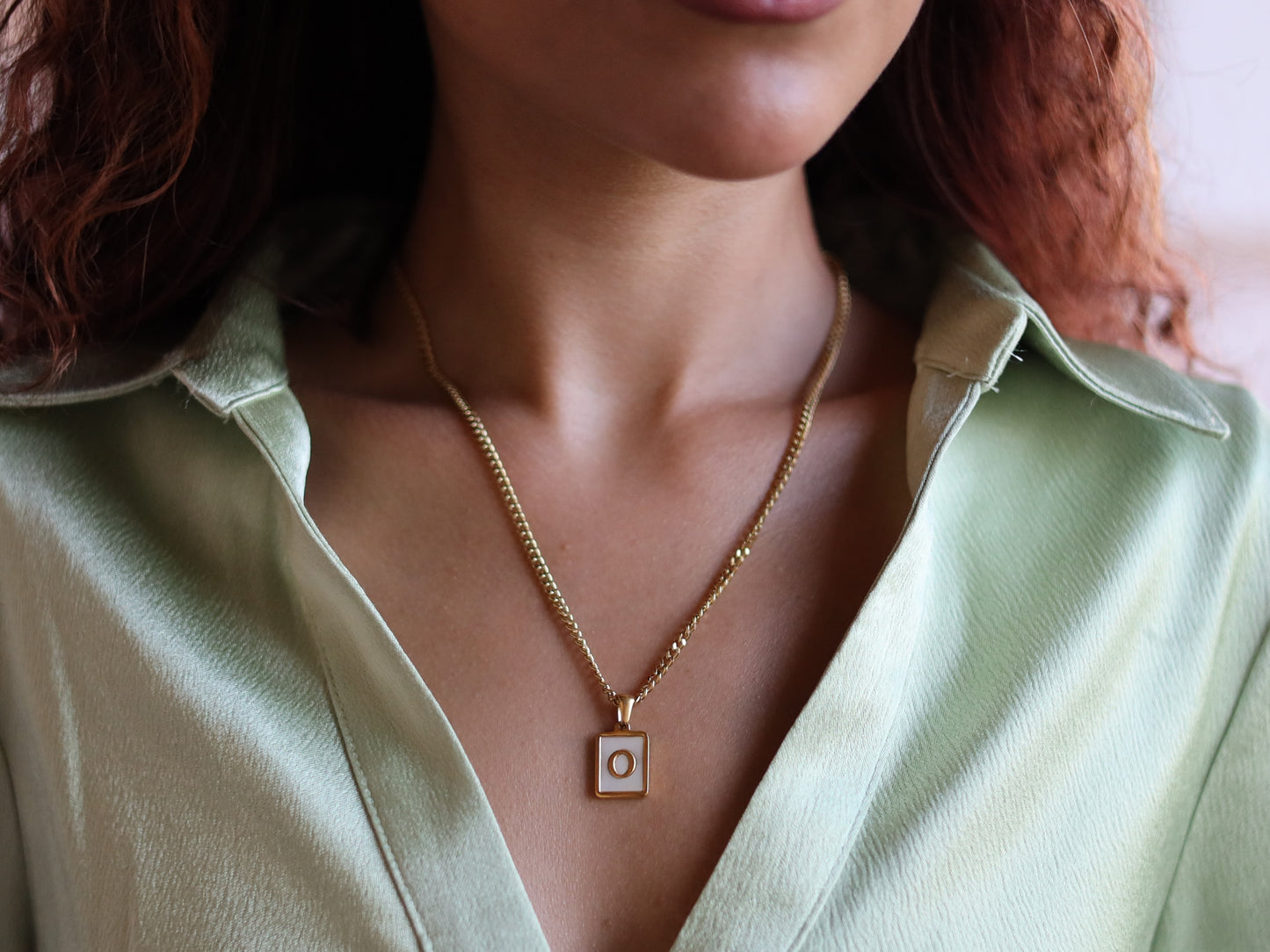 18K Gold Filled Curb Chain Pearl& Medal Initial Necklace