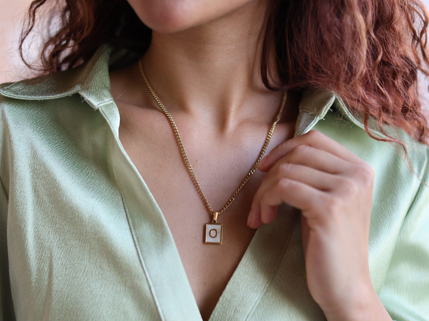 18K Gold Filled Curb Chain Pearl& Medal Initial Necklace