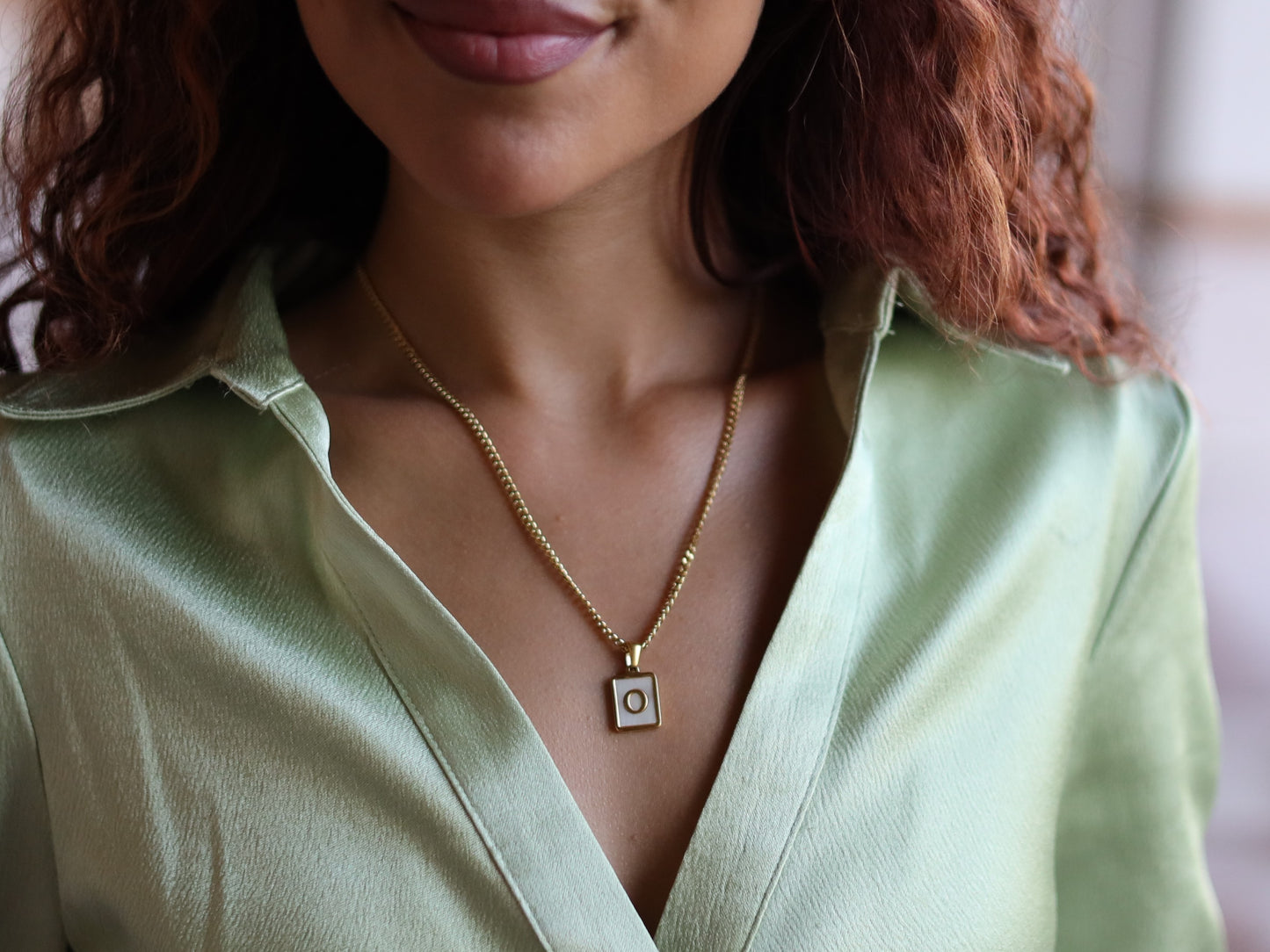 18K Gold Filled Curb Chain Pearl& Medal Initial Necklace