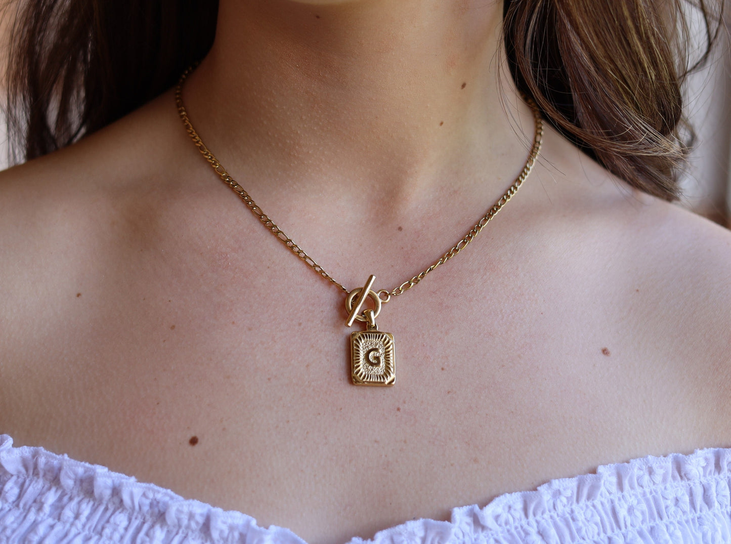 18K Gold Filled Figaro Toggle Clasp Chain Medal and Pearl Letters Necklace