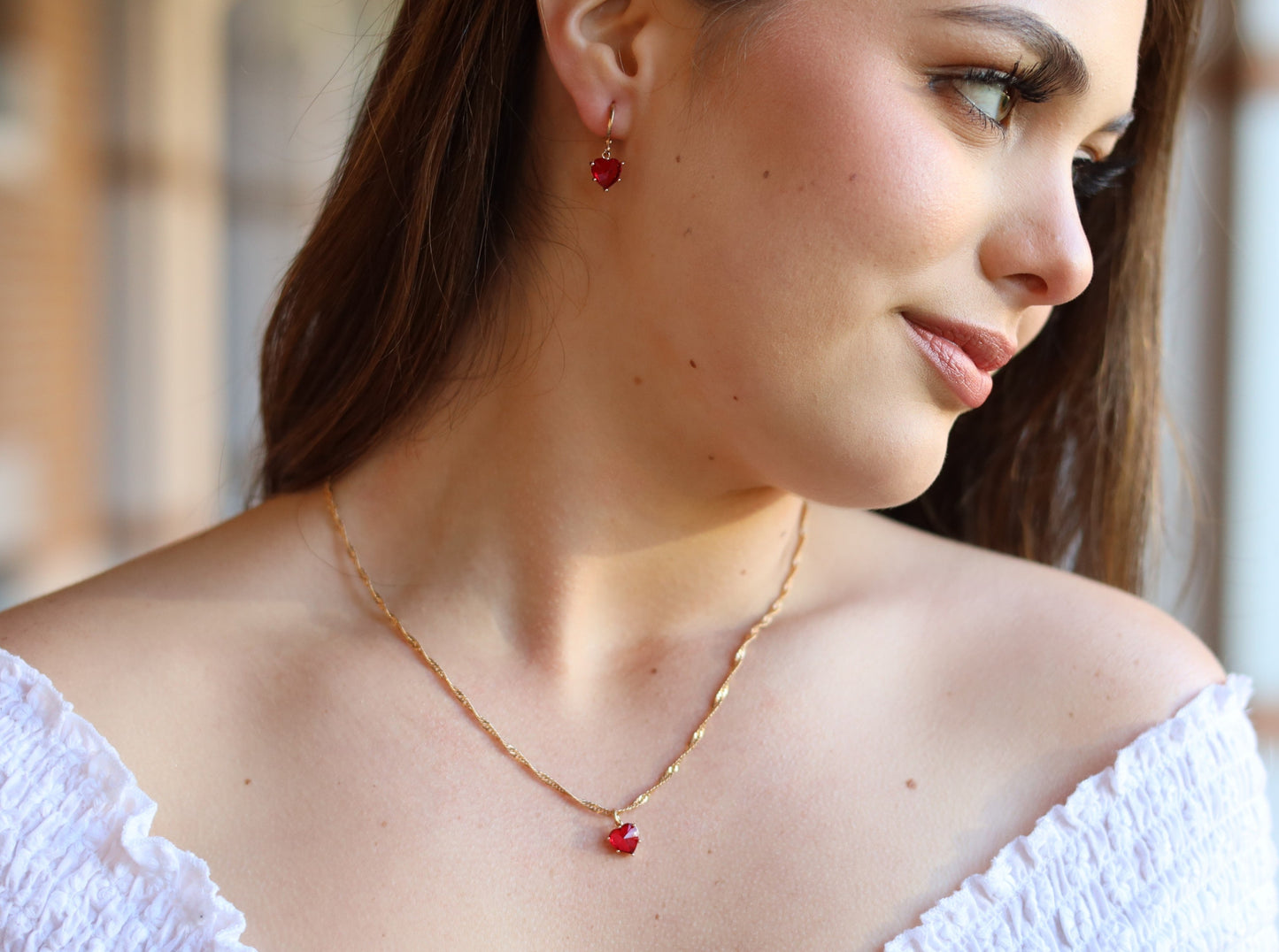 18K Gold Filled Ruby Heart Necklace& Earring of Jewelry Set