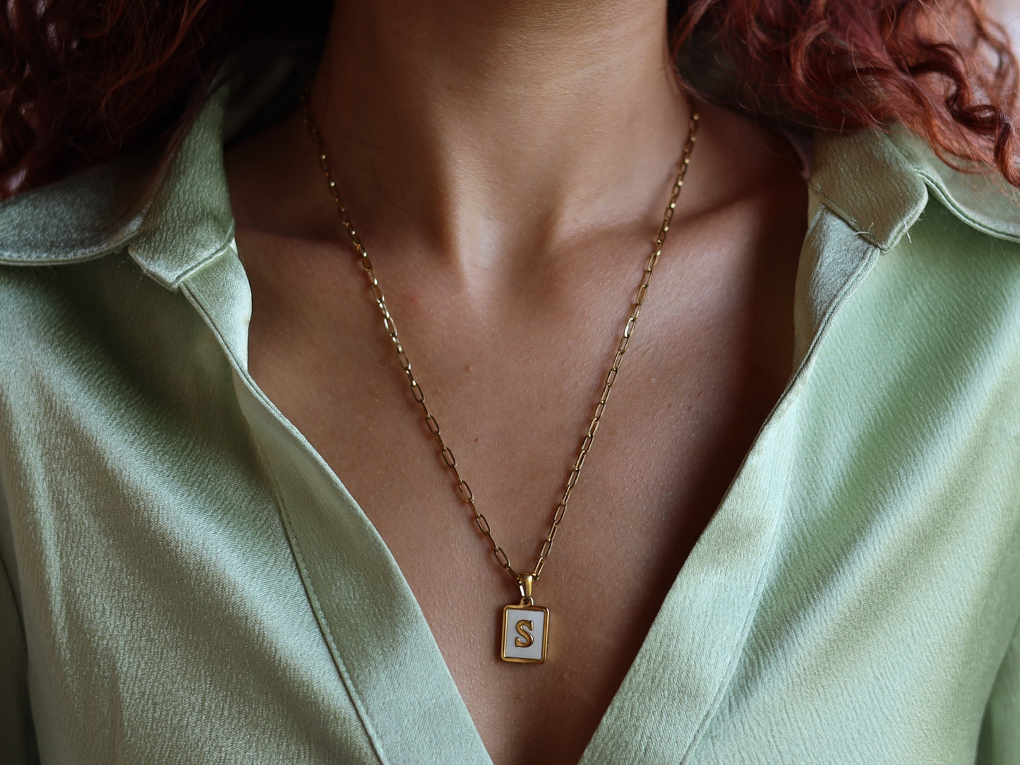 18K Gold Filled Paperclip Chain Pearl& Medal Initial Necklace