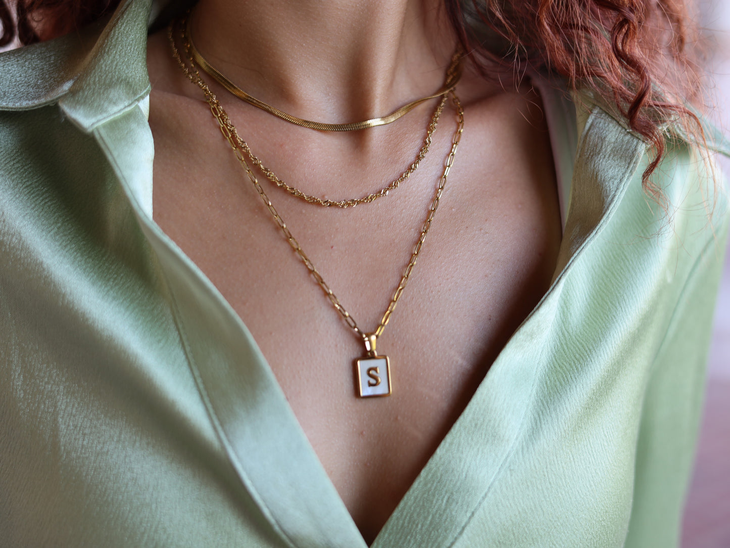 18K Gold Filled Paperclip Chain Pearl& Medal Initial Necklace