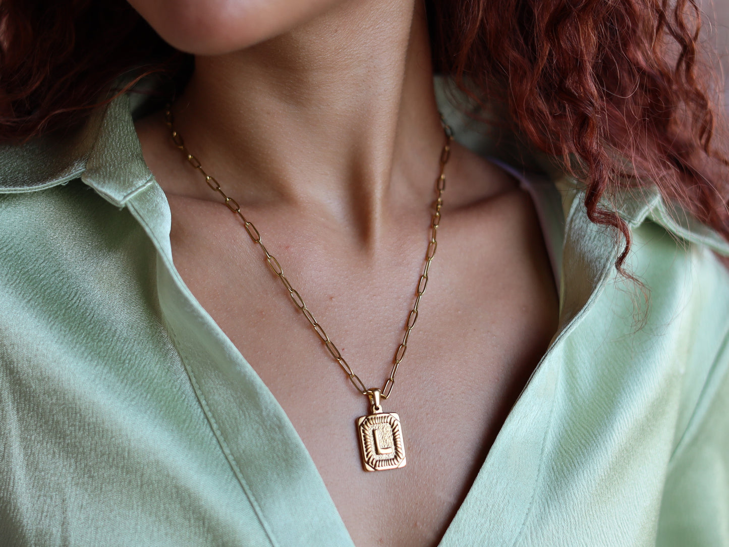 18K Gold Filled Paperclip Chain Pearl& Medal Initial Necklace