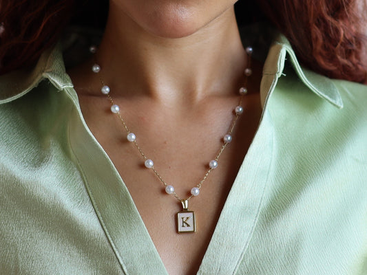 18K Gold Filled Pearl Bead Chain Pearl& Medal Initial Necklace