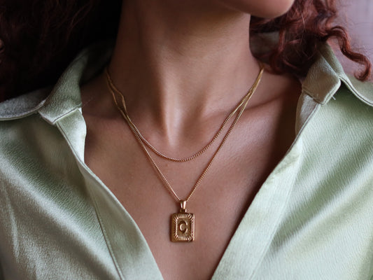 18K Gold Filled Vine Chain Pearl& Medal Initial Necklace